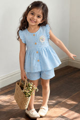 Charming Girls Sky Blue Textured Top & Shorts Set with Ruffle Details
