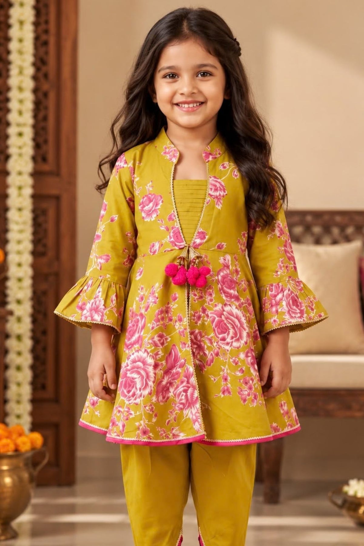 Girls Mustard Floral Printed Kurti with Dhoti Pants Set