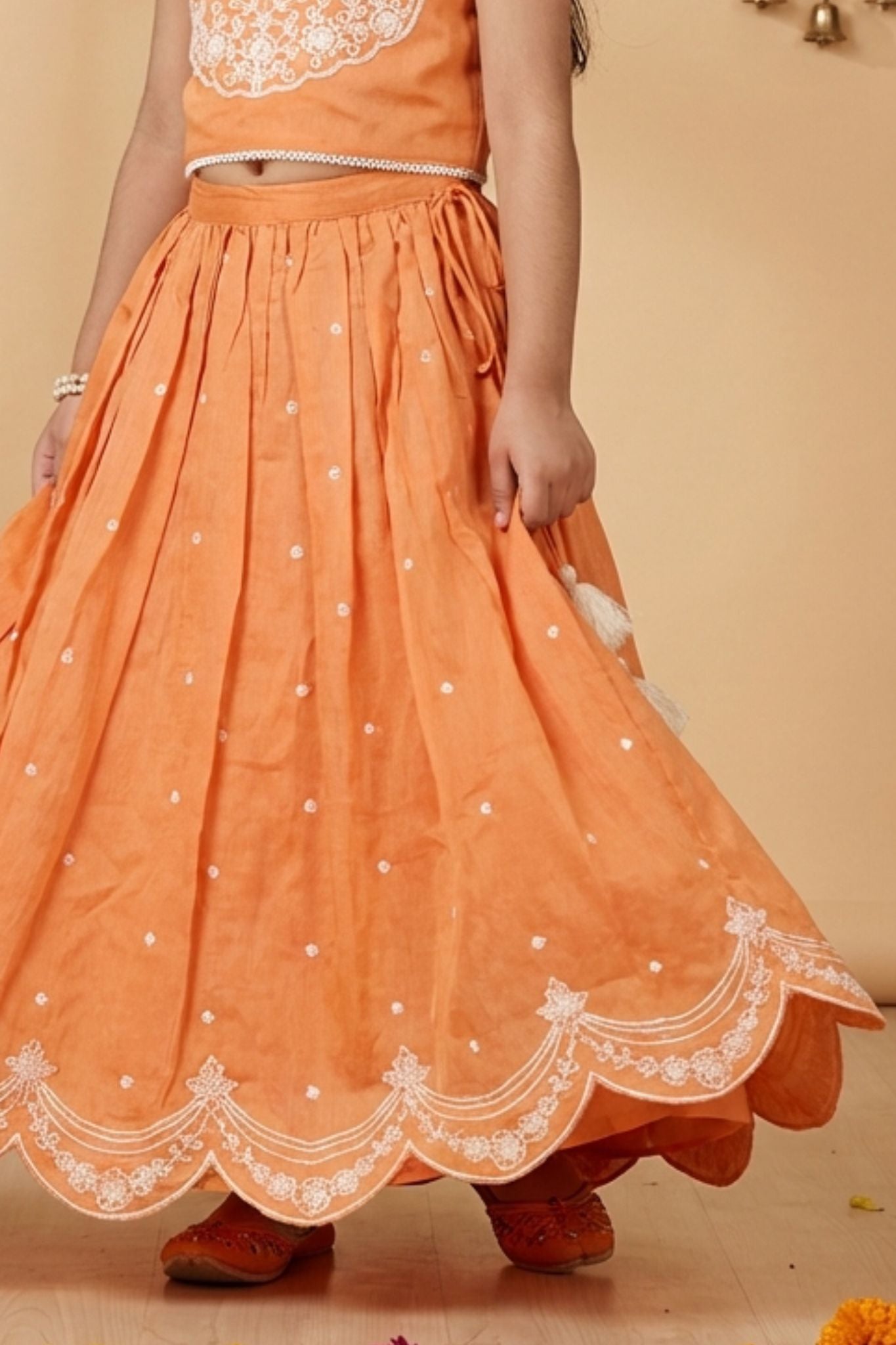 Bright Orange Embroidered Lehenga Choli Set For Girls