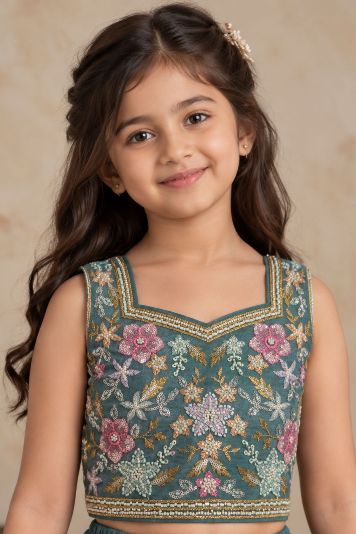 Girls Blue With Multicolor Floral Sequin Embellished Lehenga Choli Set