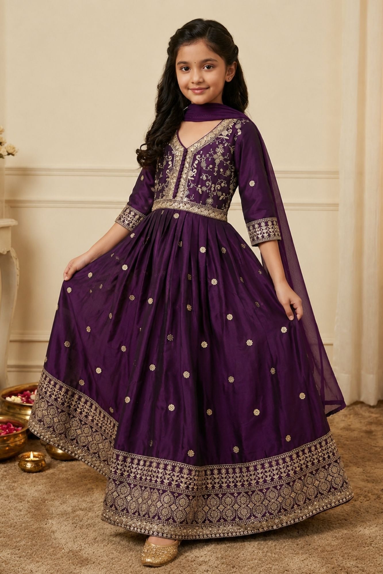 Wine Sequins Work And Zari Embroidered Ethnic Gown For Girls