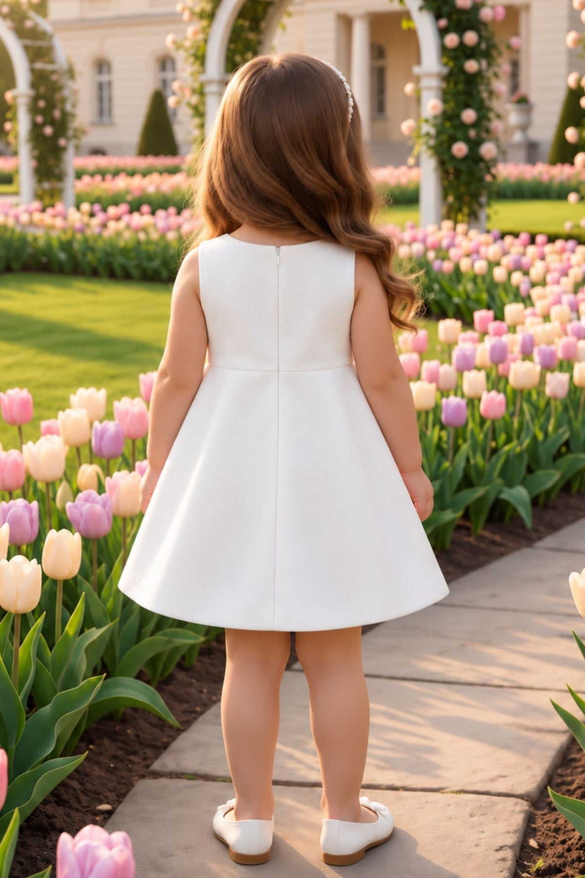Girls White Bow And Floral Applique Party Wear Frock