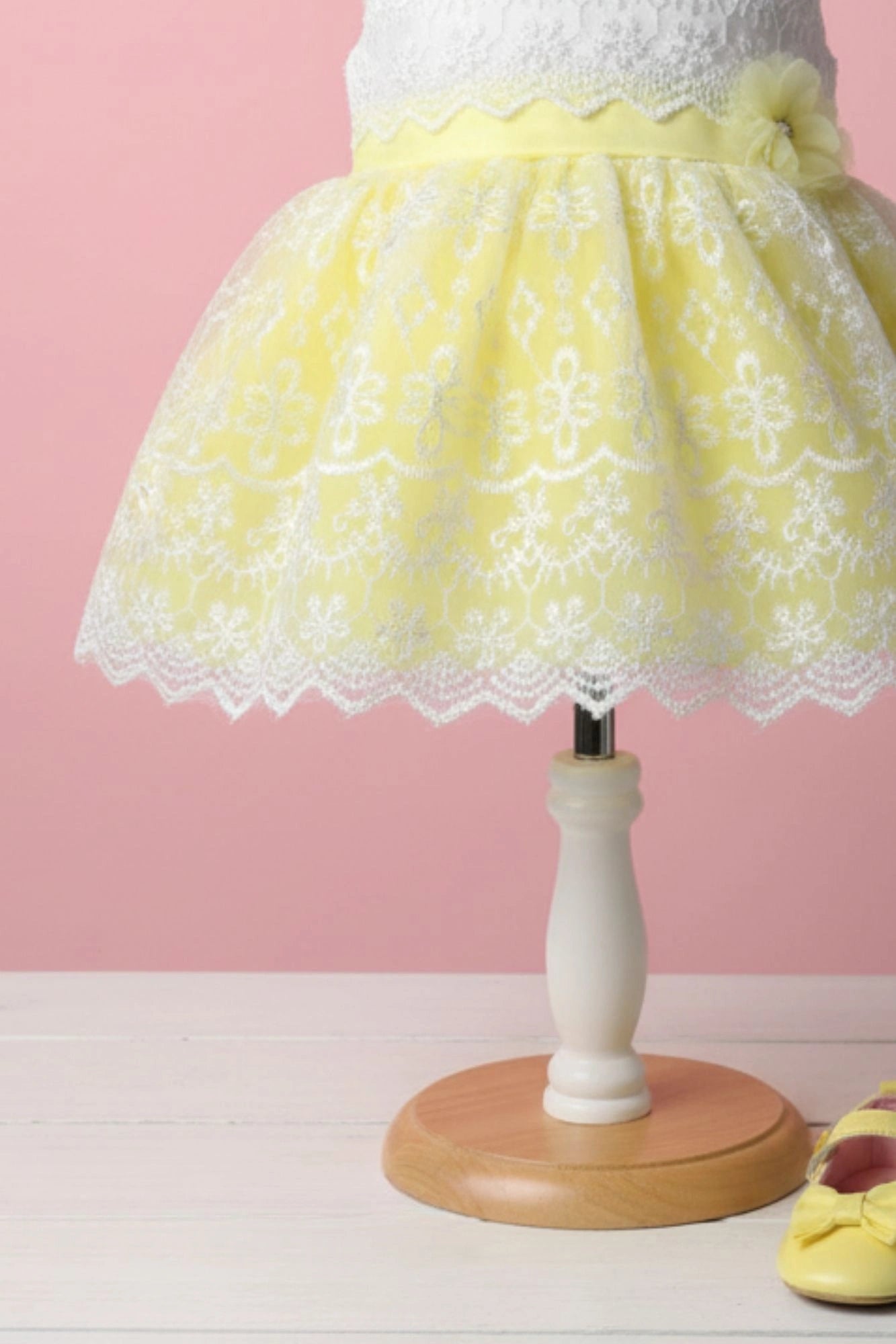 Yellow & White Embroidered Party Frock with Floral Appliqué For Girls