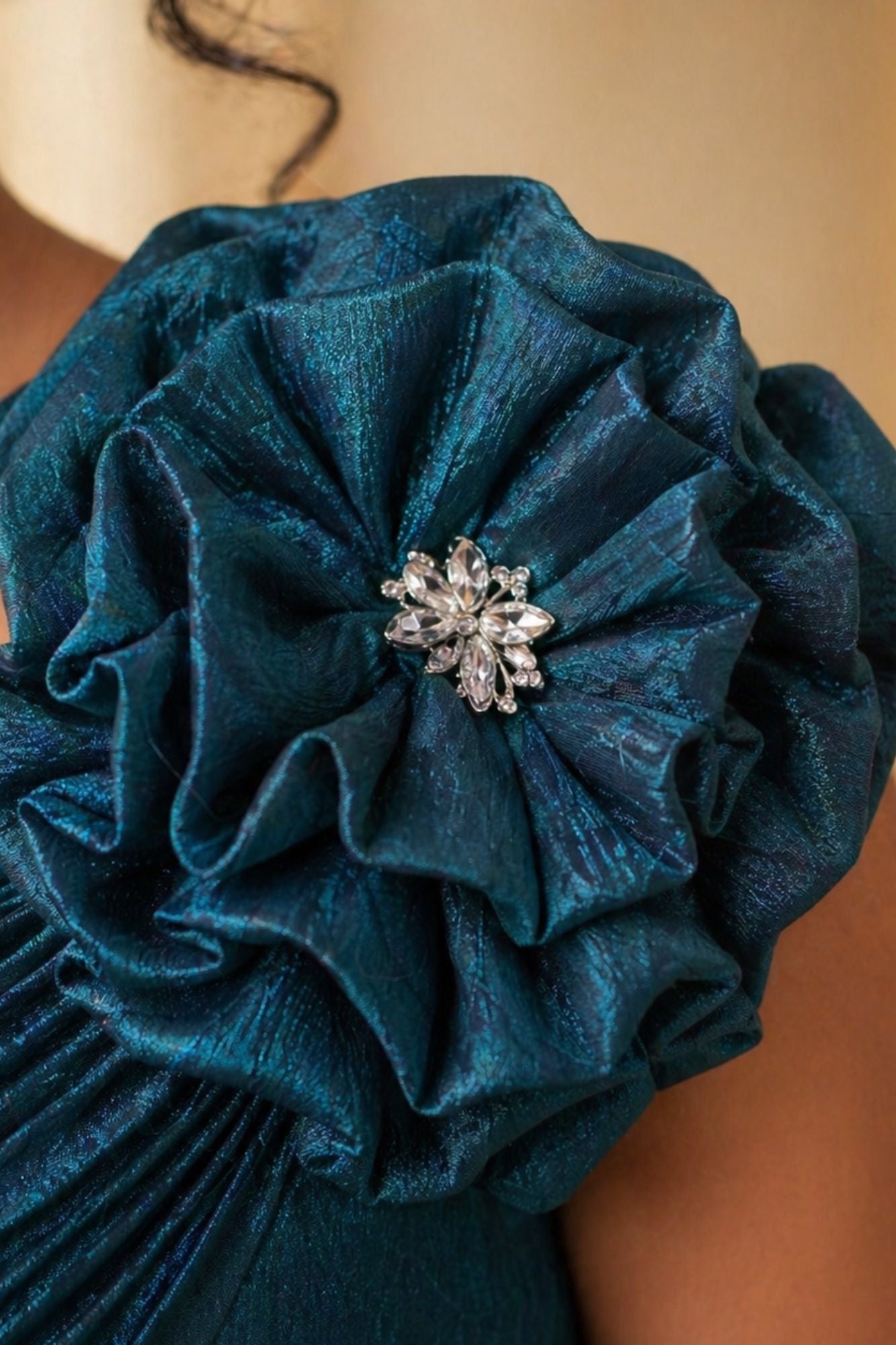 Girls Teal Blue One-Shoulder Party Gown with Floral Applique