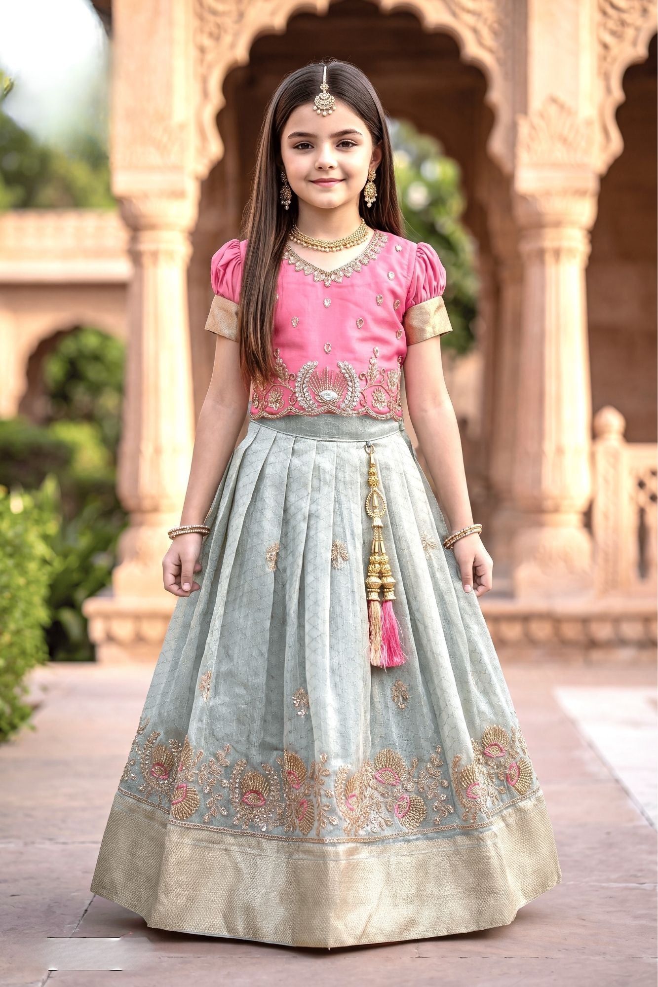 Pink & Ice Blue Silk Pattu Pavadai with Puff Sleeves For Girls