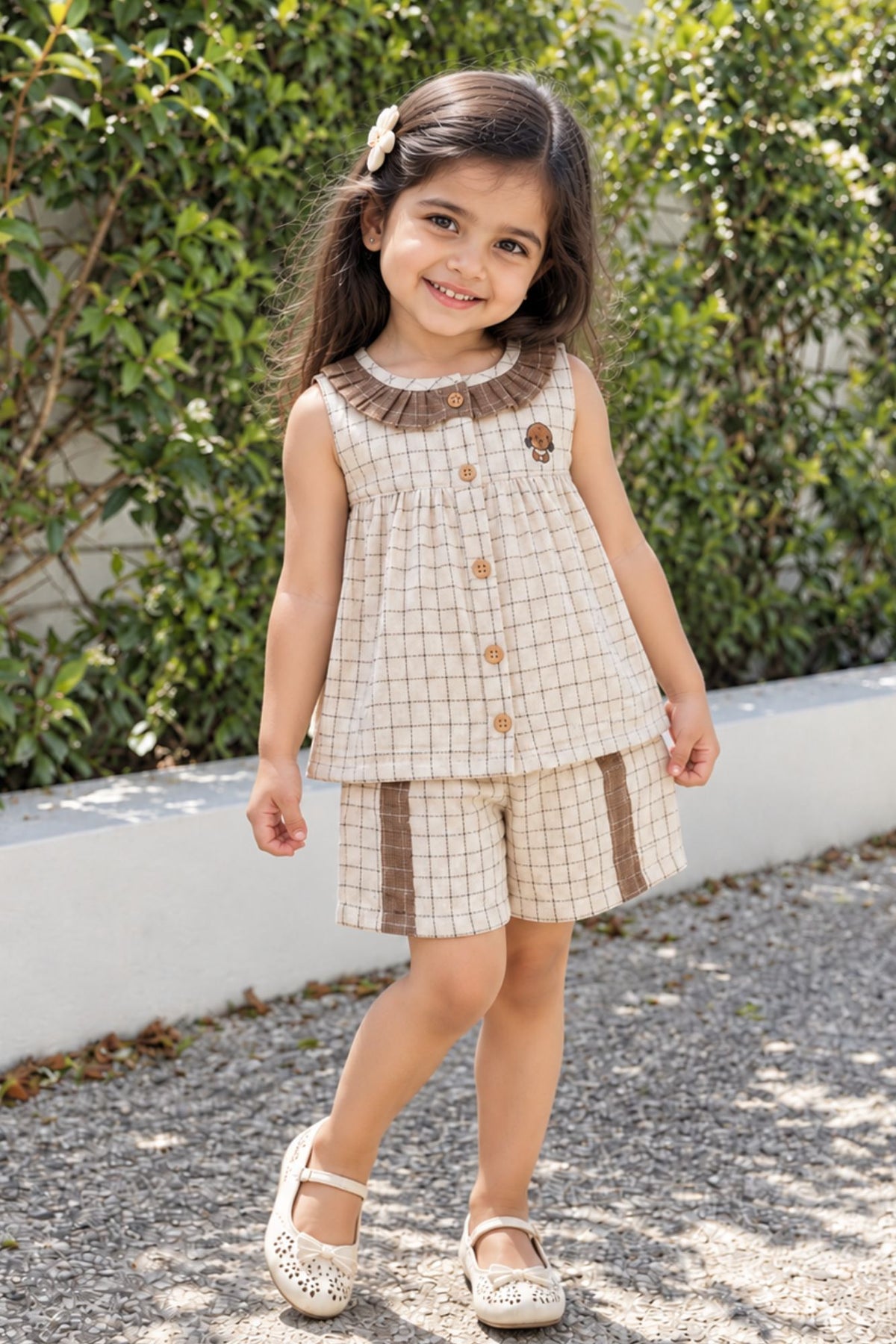 Adorable Girls Cream And Brown Checked Top & Shorts Set with Ruffle Collar