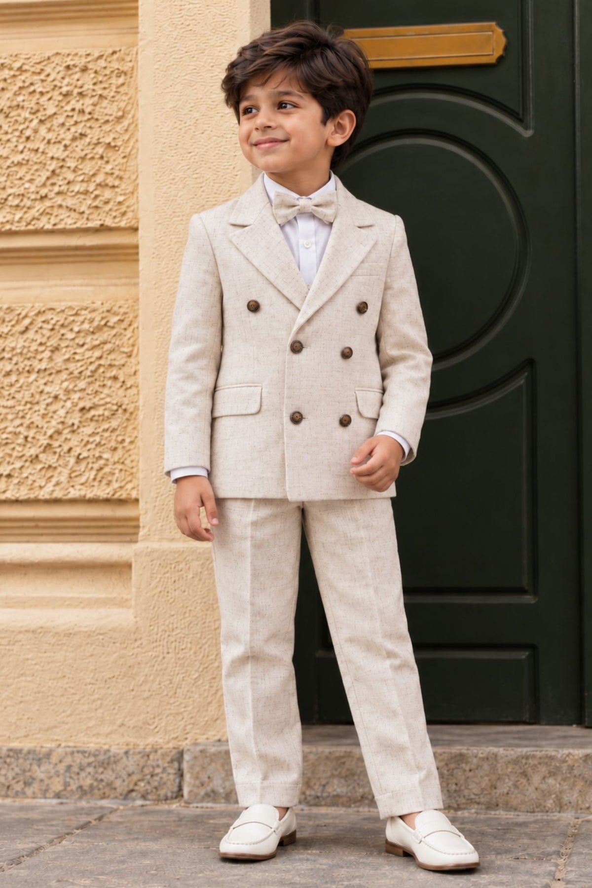 Boys Cream  Blazer Coat Suit Set with Bow Tie