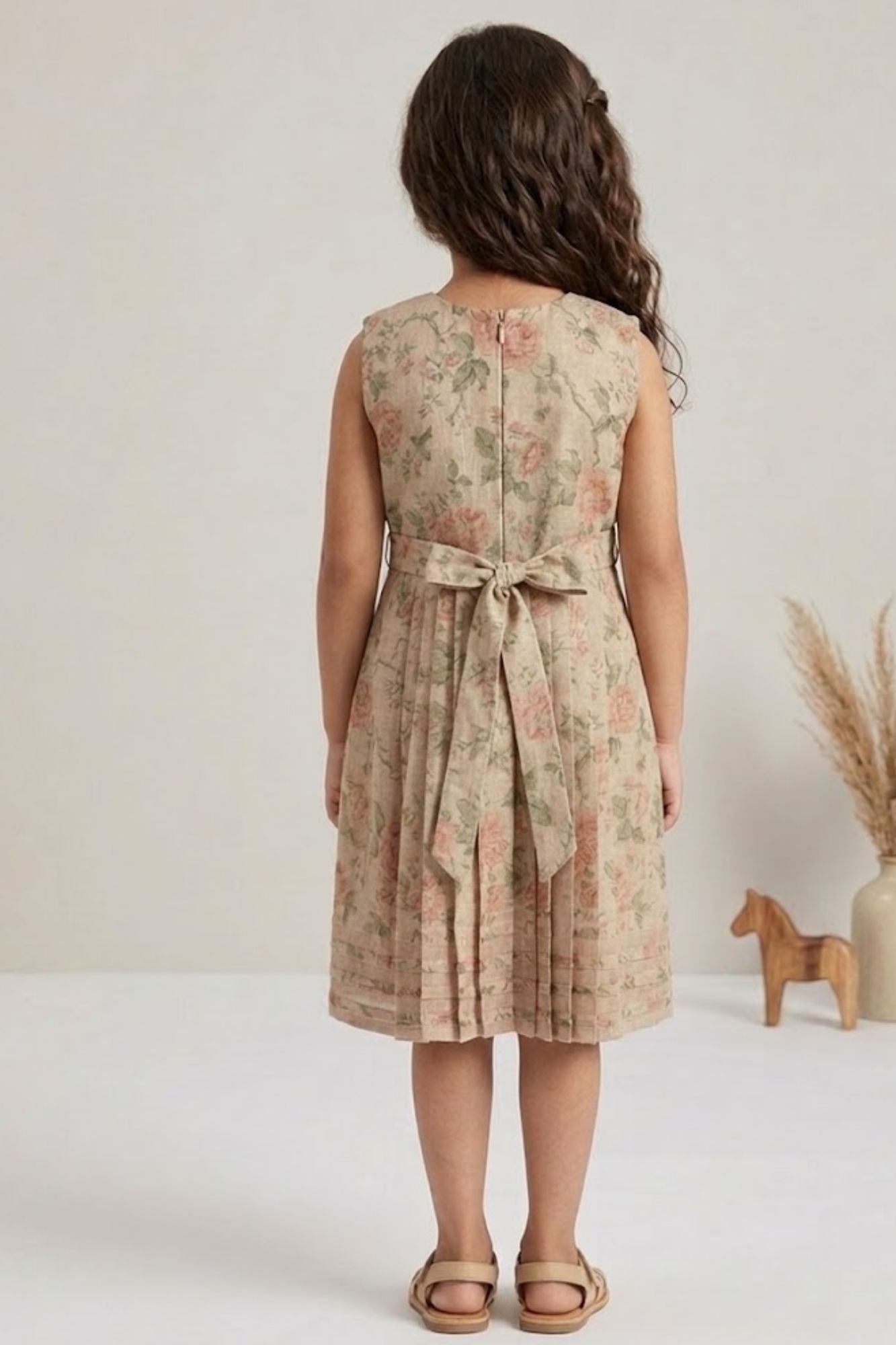 Girls Beige Floral Printed Dress with Embroidered Layered Panel