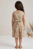 Girls Beige Floral Printed Dress with Embroidered Layered Panel