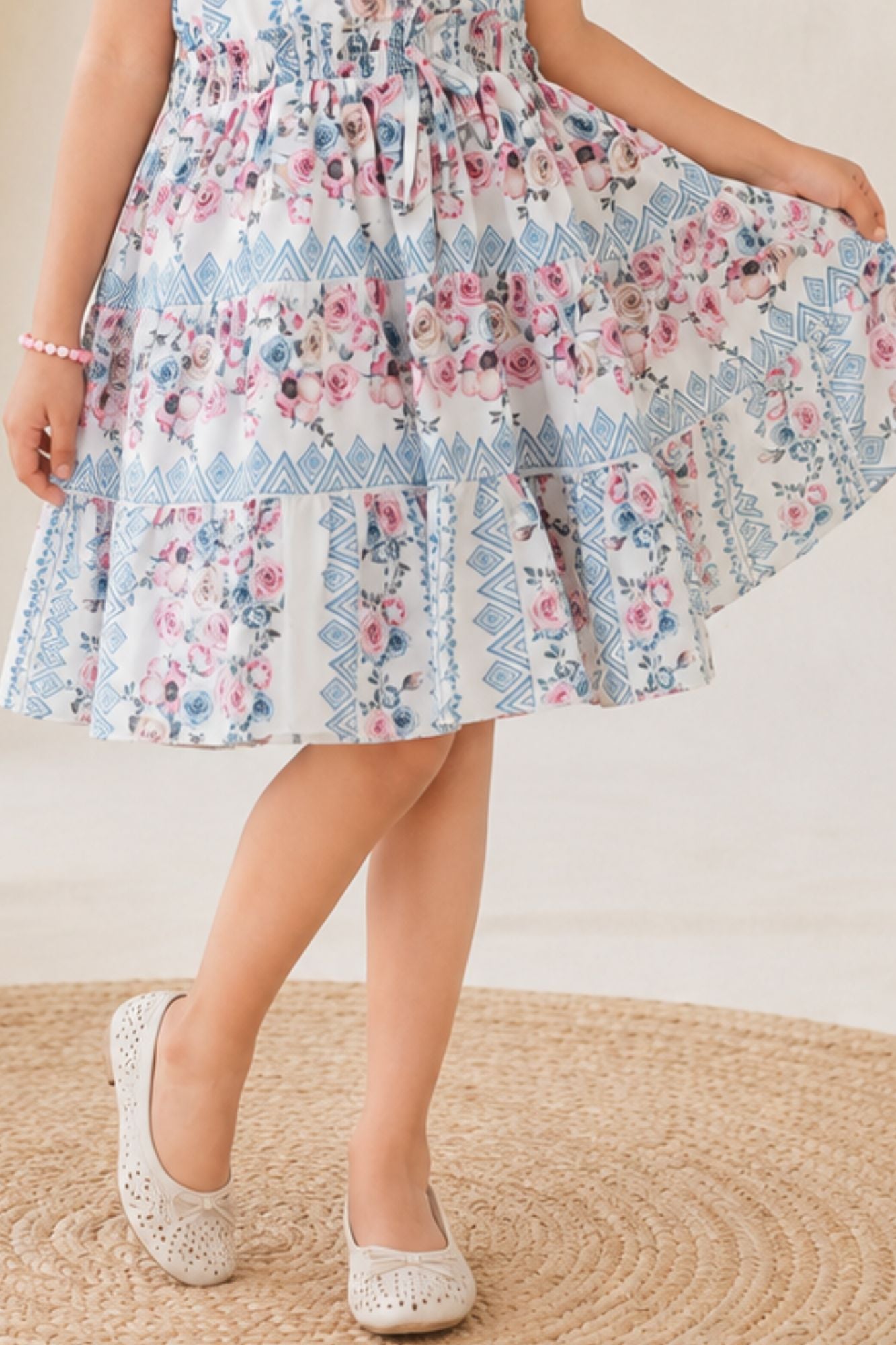 Stylish Cream Floral Printed Casual Frock For Girls