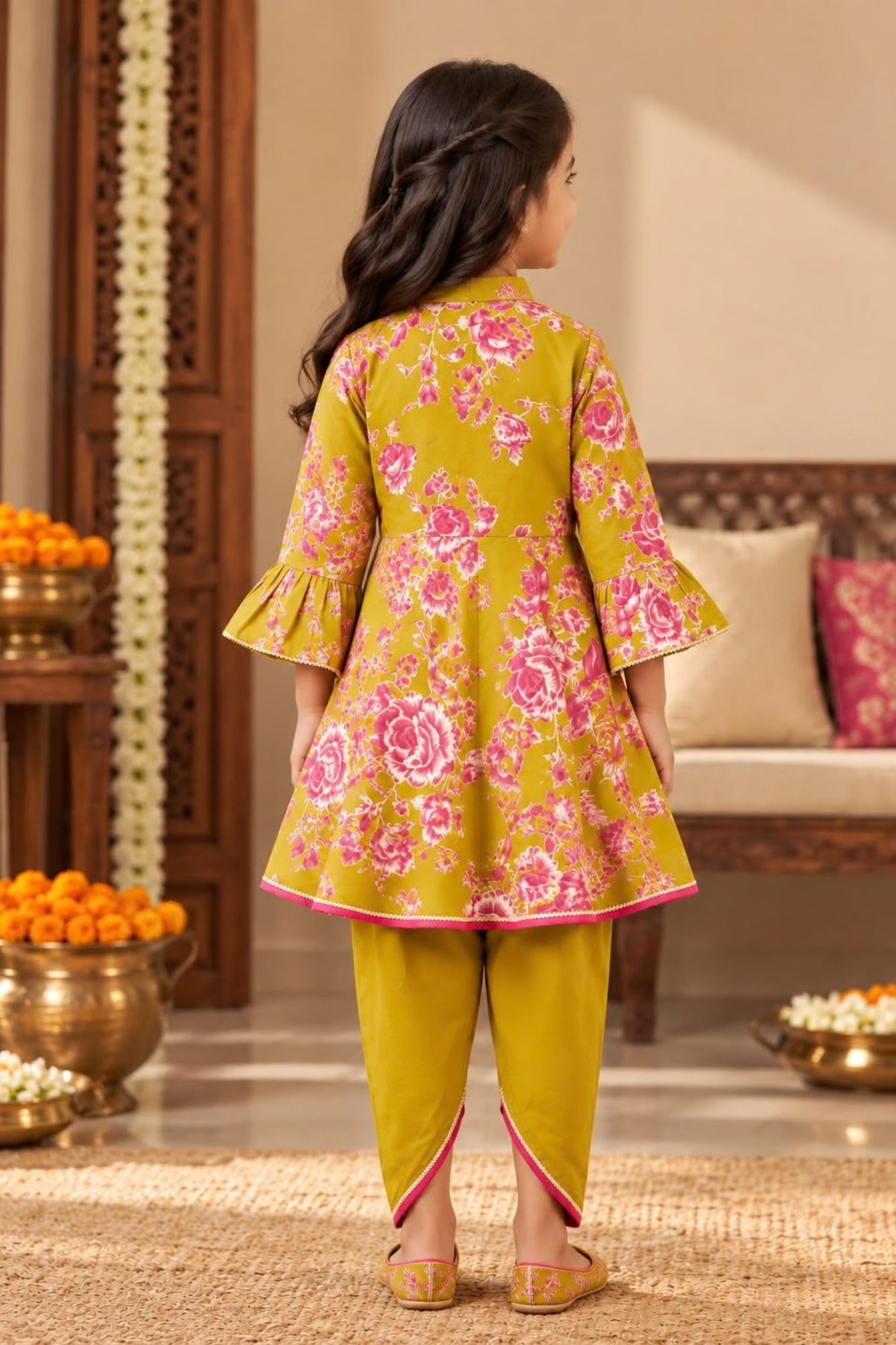 Girls Mustard Floral Printed Kurti with Dhoti Pants Set