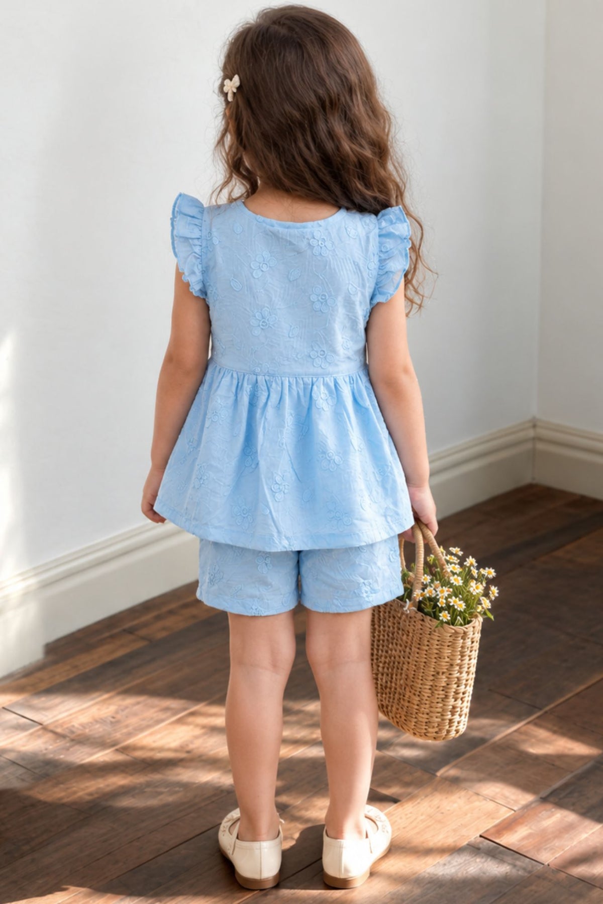 Charming Girls Sky Blue Textured Top & Shorts Set with Ruffle Details
