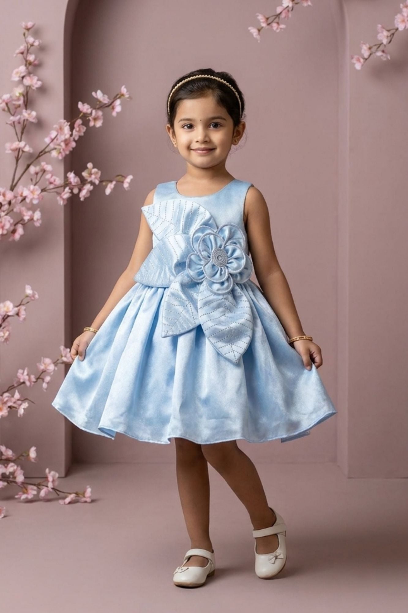 Powder Blue Floral Party Wear Frock For Baby Girls