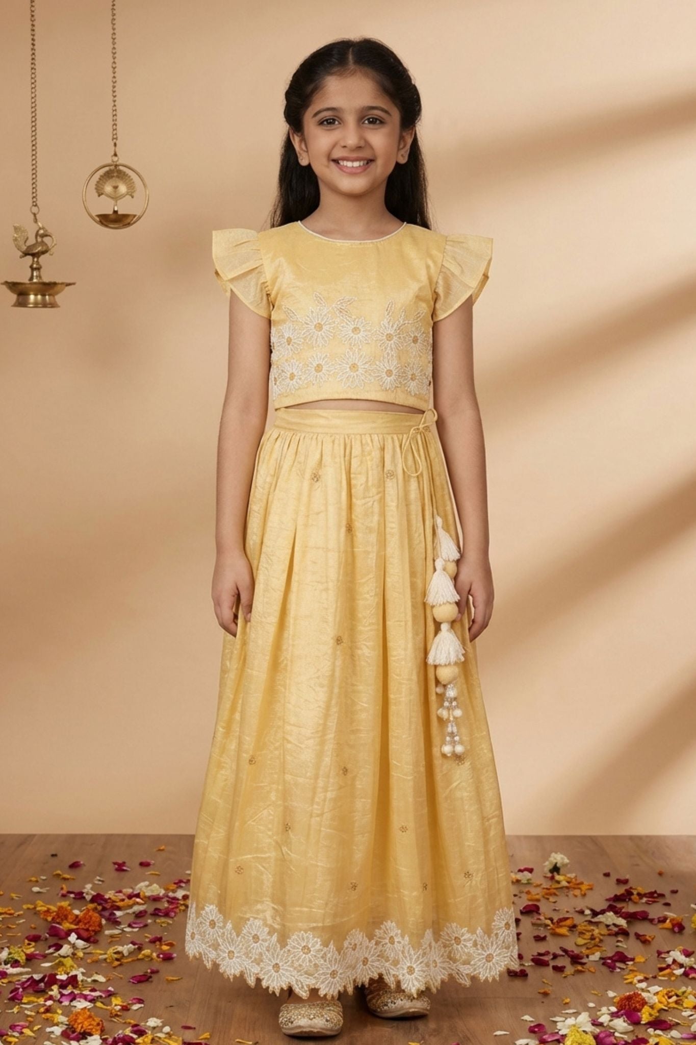 Yellow Shimmer Embroidered Lehenga Choli Set For Girls