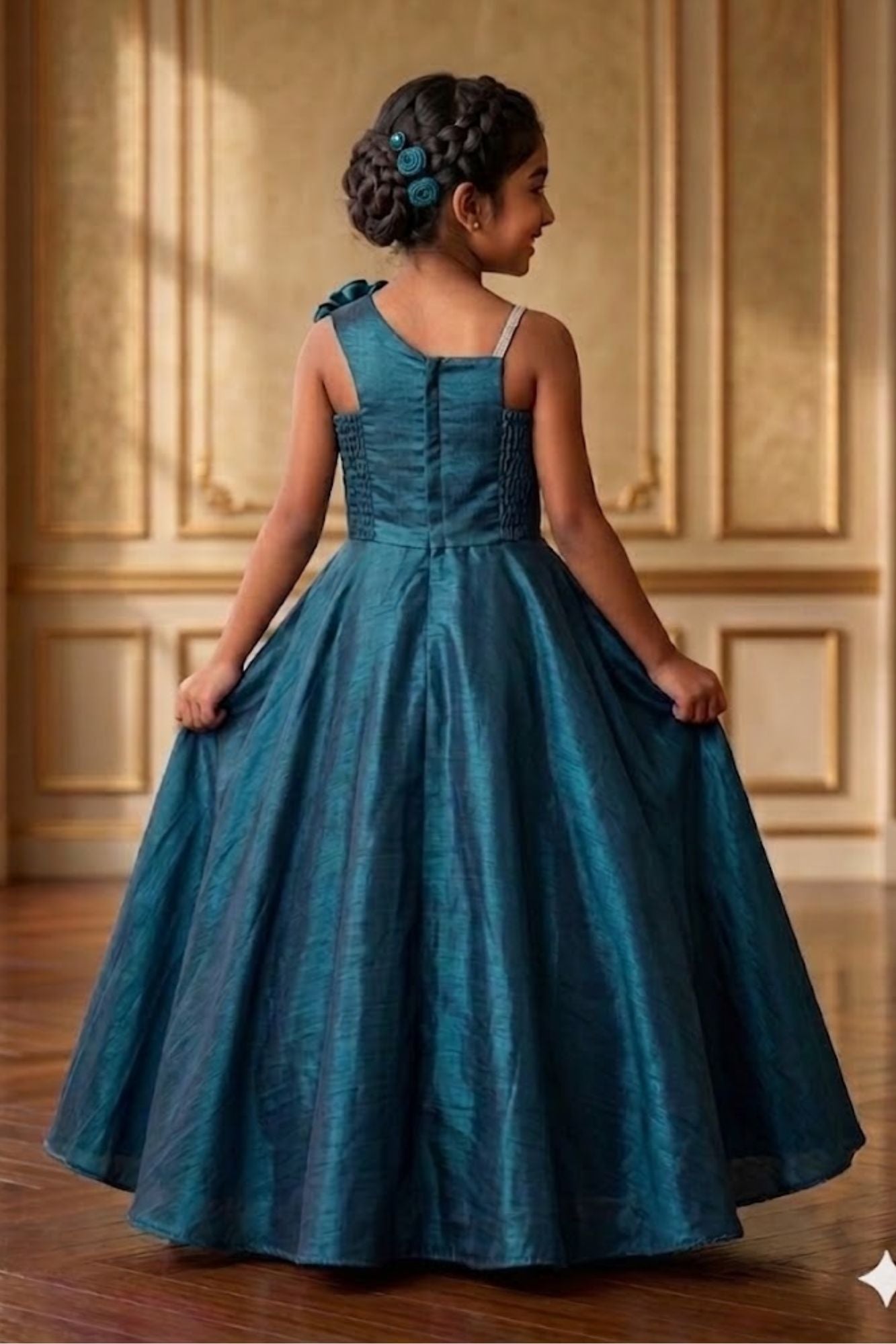 Girls Teal Blue One-Shoulder Party Gown with Floral Applique
