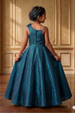 Girls Teal Blue One-Shoulder Party Gown with Floral Applique