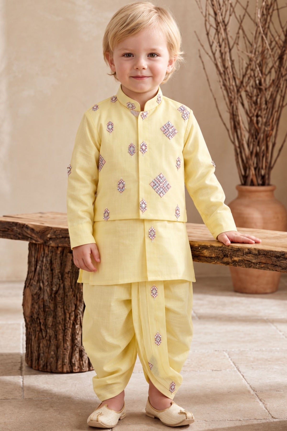 Boys Elegant Yellow Sequin Embellished Geometric Embroidered Dhoti Set with Nehru Jacket