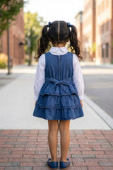 Girls Blue Denim Layered Dress with White Shirt