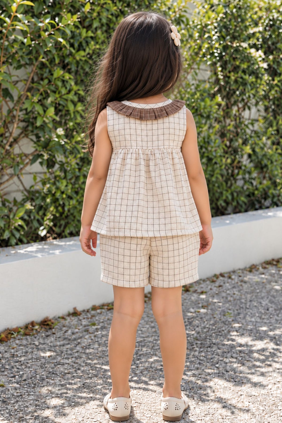 Adorable Girls Cream And Brown Checked Top & Shorts Set with Ruffle Collar