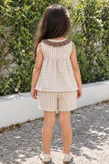 Adorable Girls Cream And Brown Checked Top & Shorts Set with Ruffle Collar
