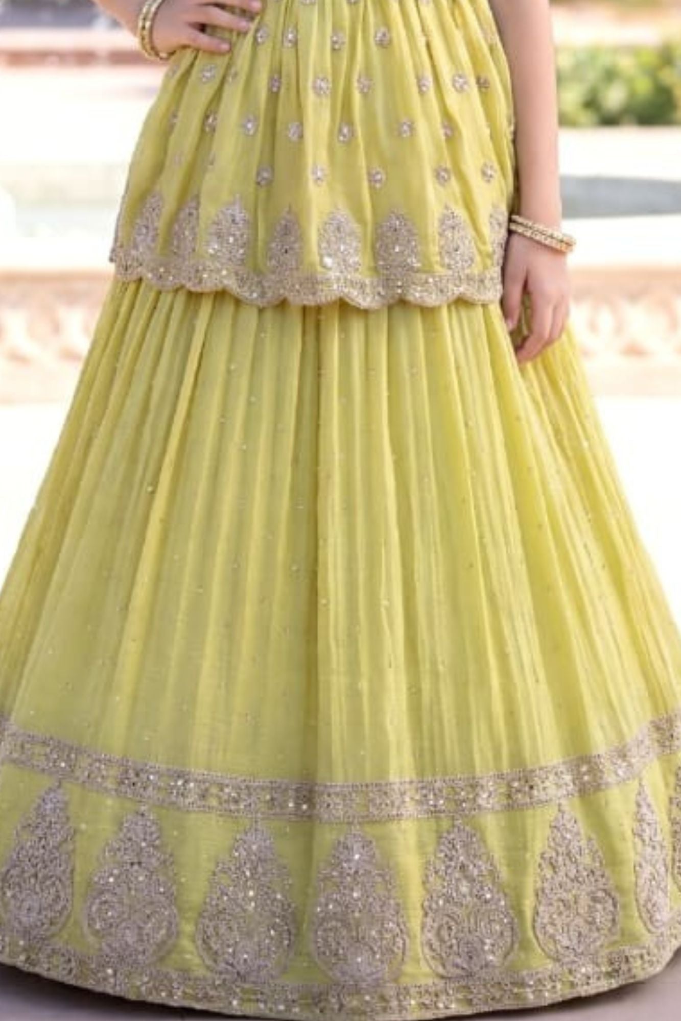 Yellow Zari Embroidered Peplum Top With Lehenga Set For Girls