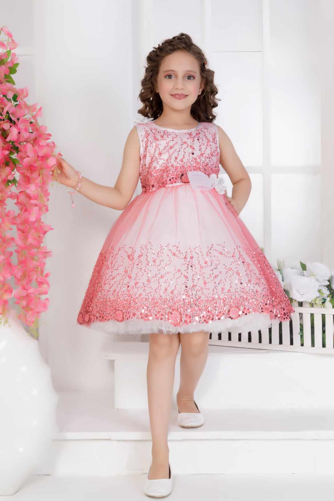Gajri Pink Sequin Party Wear Frock with Bow For Girls