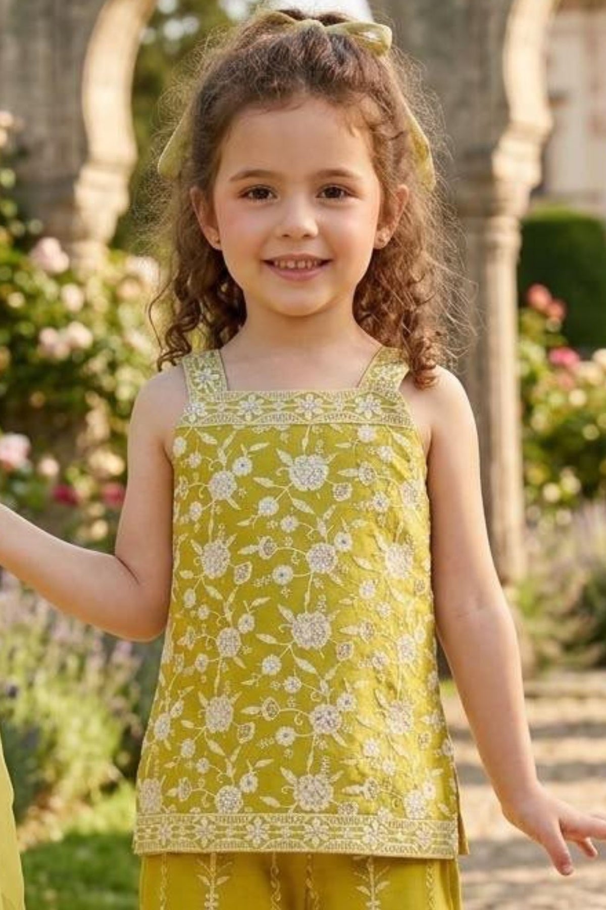 Girls Lemon Green Floral Embroidered Palazzo Set with Dupatta