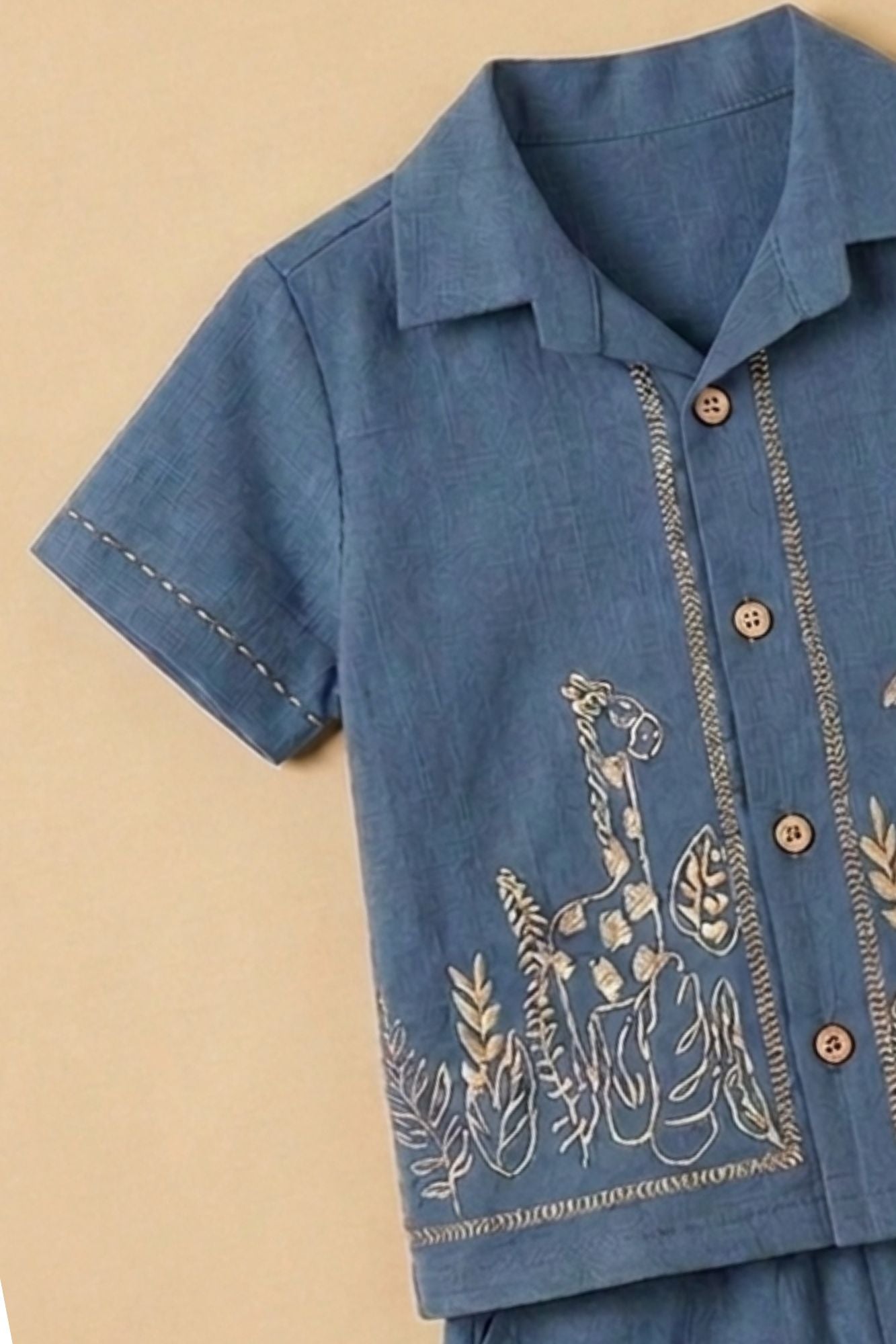 Boys Navy Blue Tropical Embroidered Shorts Set with Collared Shirt