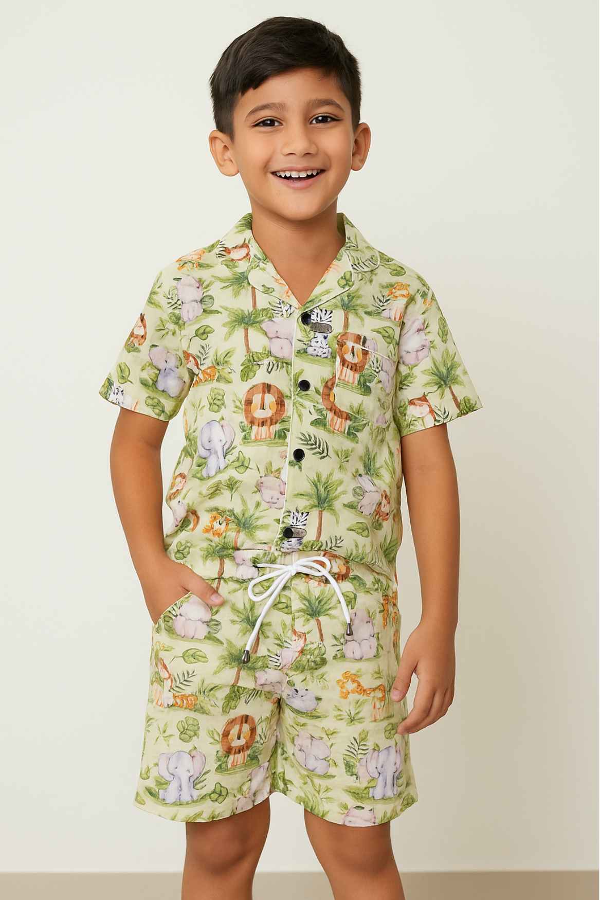 Light Green Jungle Safari Co-Ord Set For Boys