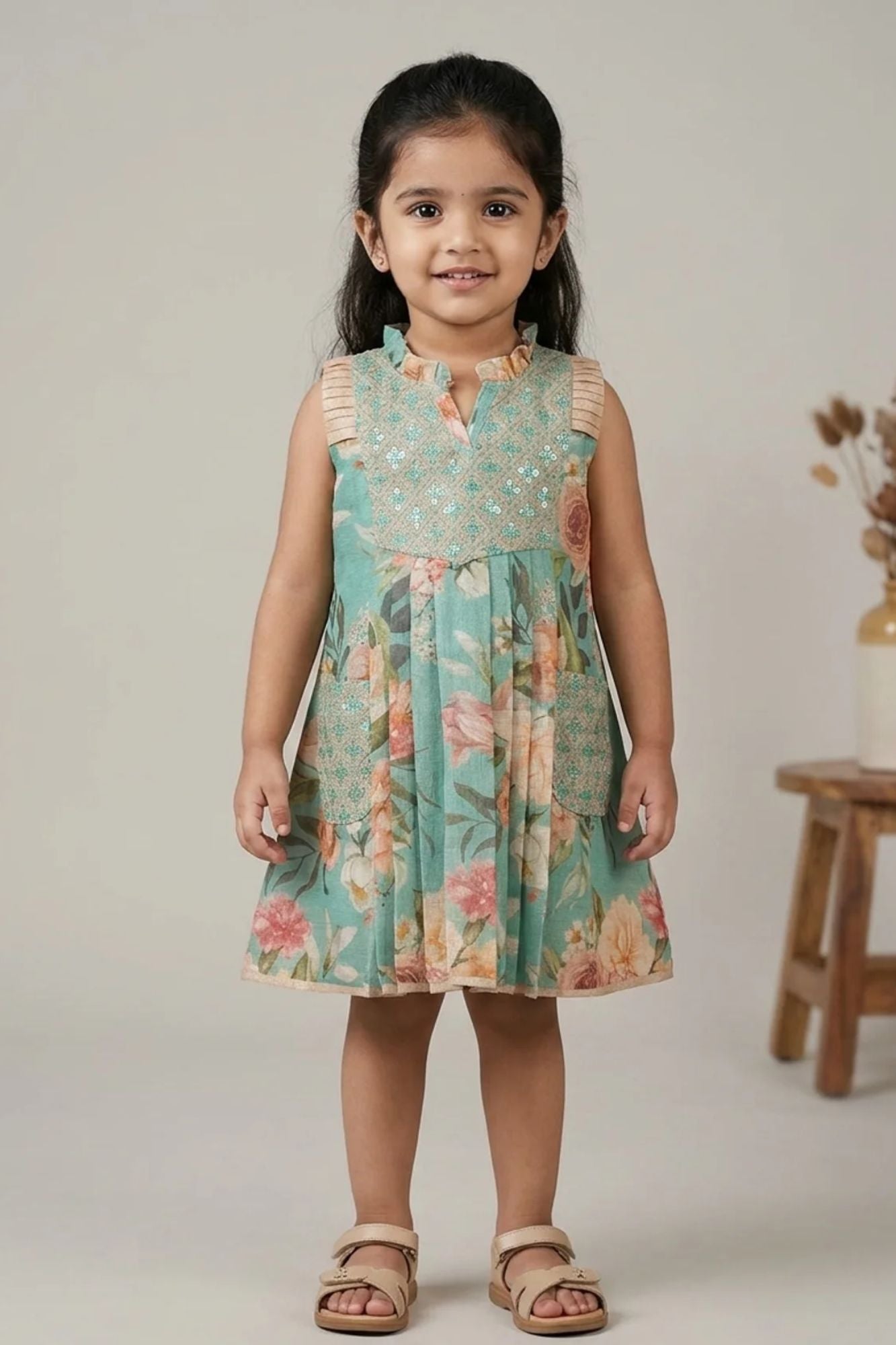 Teal Blue Bloom Sleeveless Floral Dress for Girls