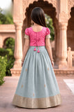 Pink & Ice Blue Silk Pattu Pavadai with Puff Sleeves For Girls