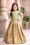 Girls Sage Green & Peach Gold Zari Woven Lehenga Choli Set with Dupatta