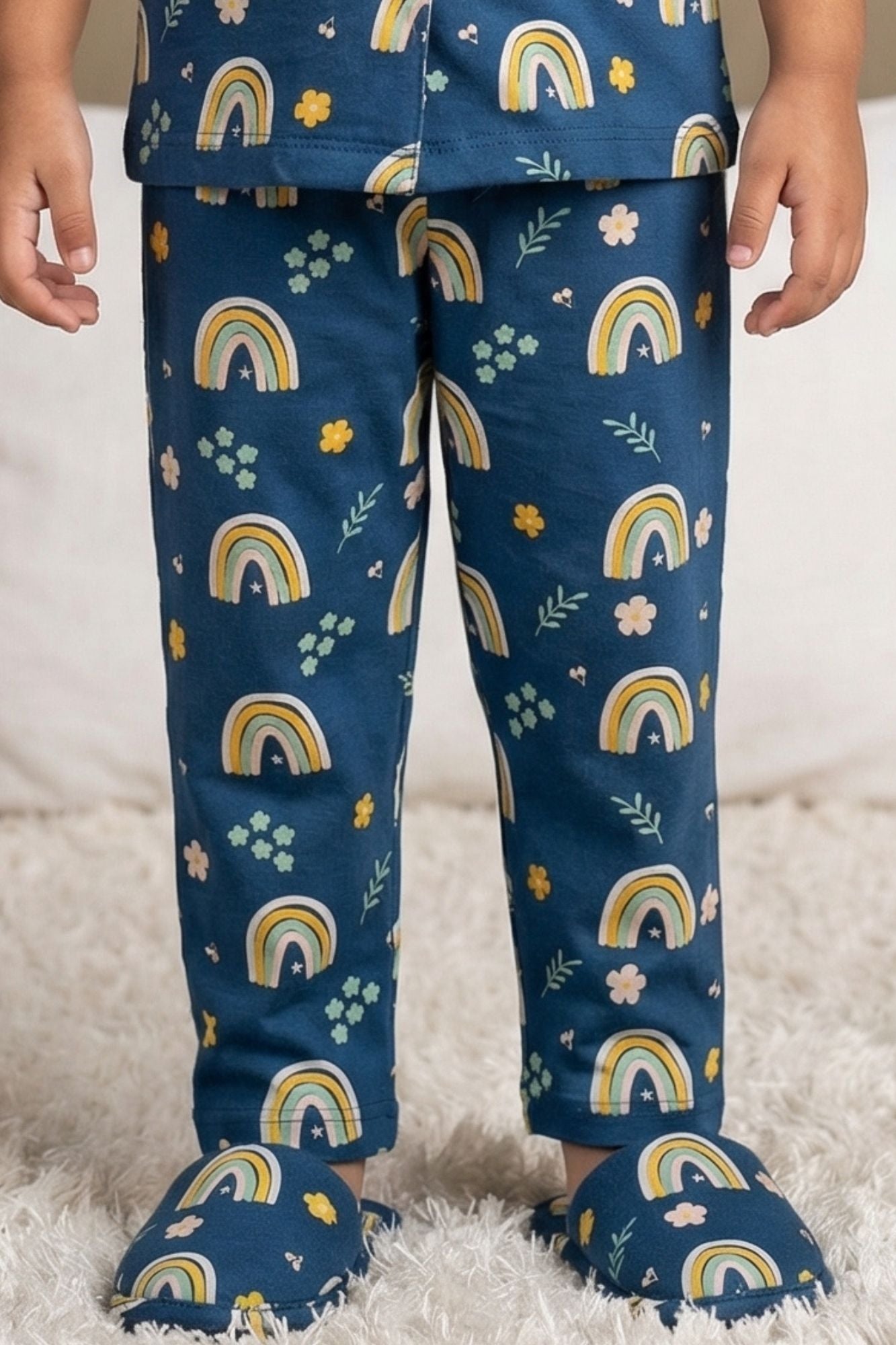 Blue Rainbow Print Night Suit Set For Girls
