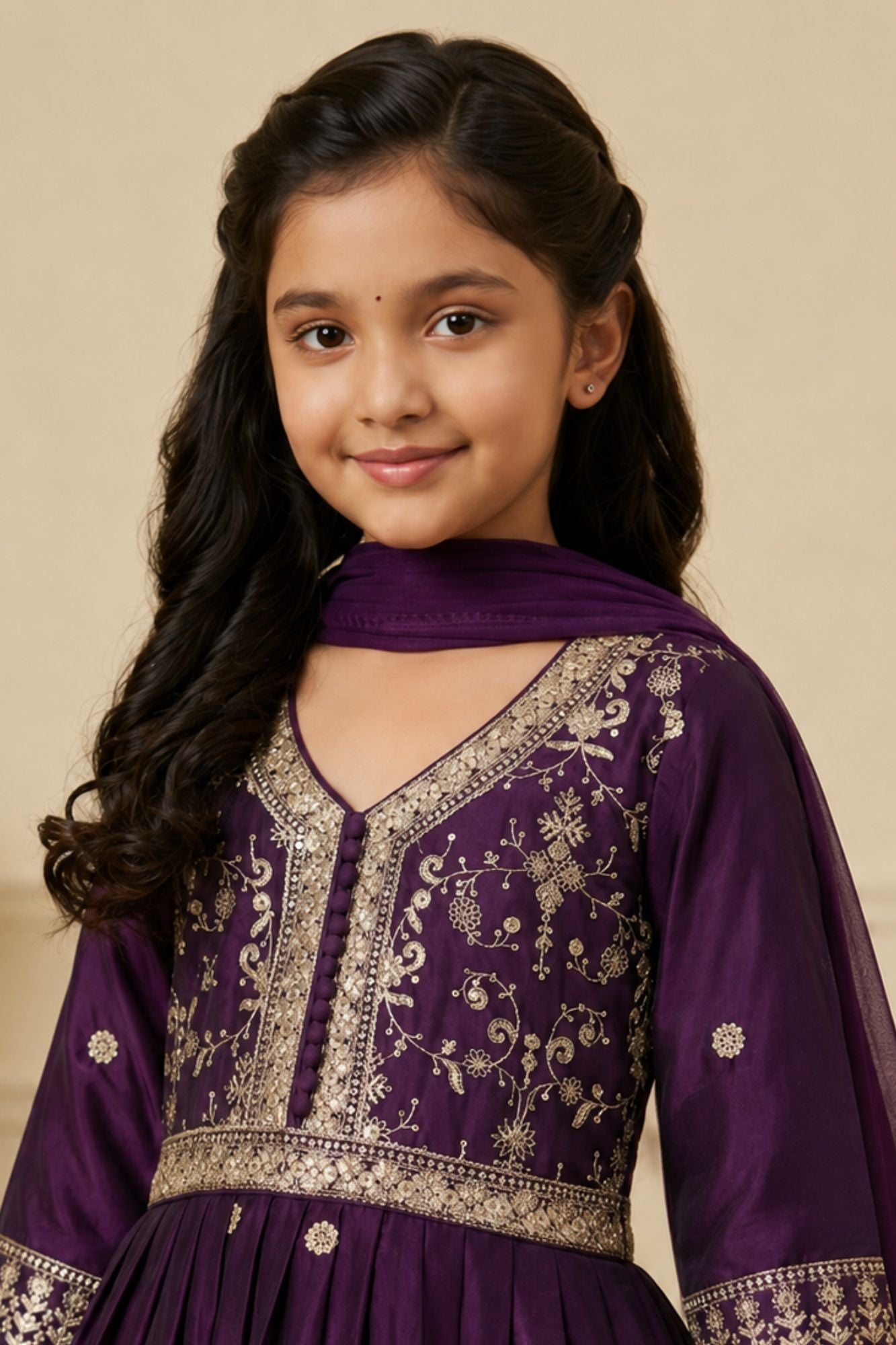 Wine Sequins Work And Zari Embroidered Ethnic Gown For Girls