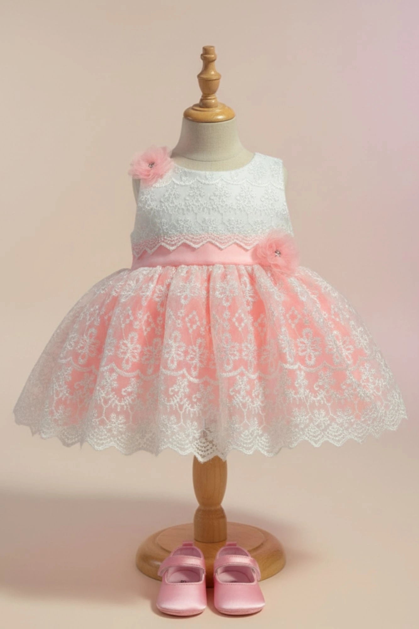 Peach & White Embroidered Party Frock with Floral Appliqué For Girls