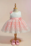 Peach & White Embroidered Party Frock with Floral Appliqué For Girls
