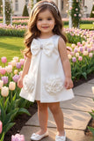 Girls White Bow And Floral Applique Party Wear Frock