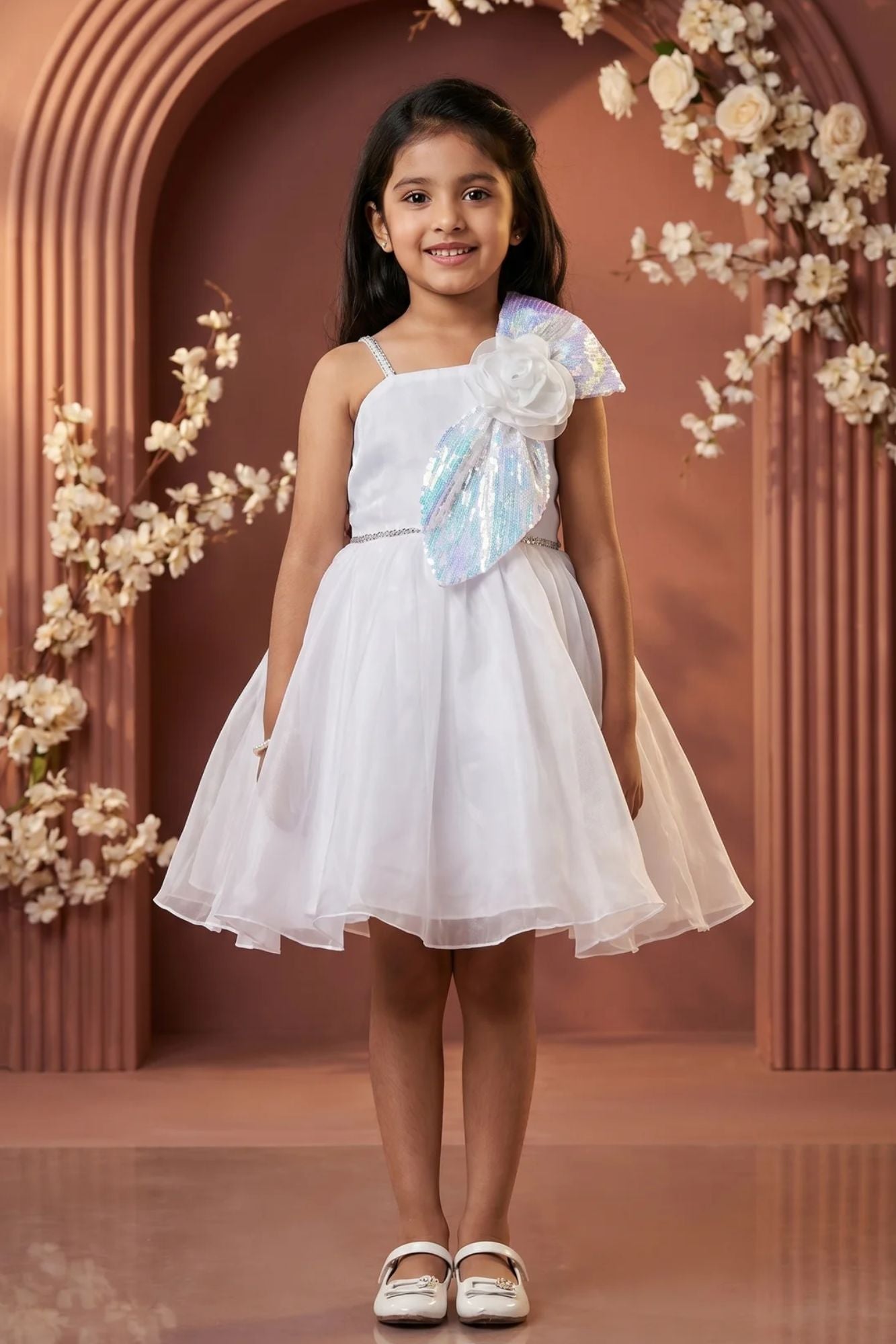 White Party Frock With Sequin Bow And 3D Flower Detail For Girls