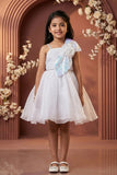 White Party Frock With Sequin Bow And 3D Flower Detail For Girls