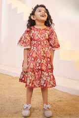 Orange Floral Printed Casual Frock With Bell Sleeves For Girls