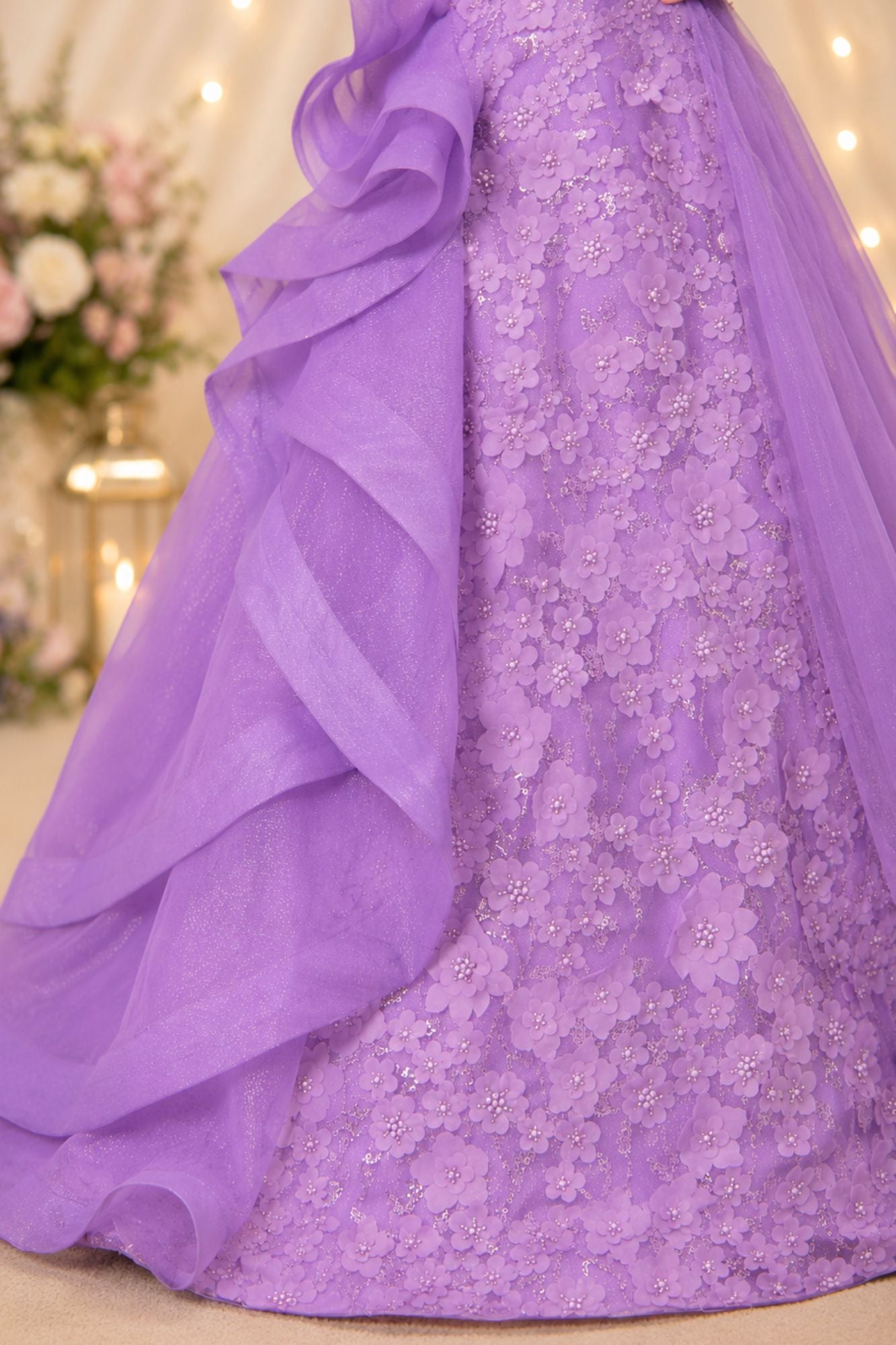 Lavender Floral Embellished Layered Party Wear Ball Gown