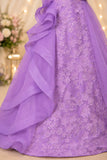 Lavender Floral Embellished Layered Party Wear Ball Gown