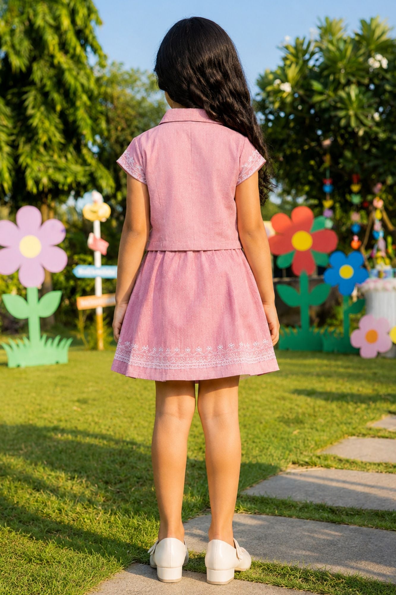 Girls Pink Embroidered Shirt Top and Pleated Skirt Co-Ord Set