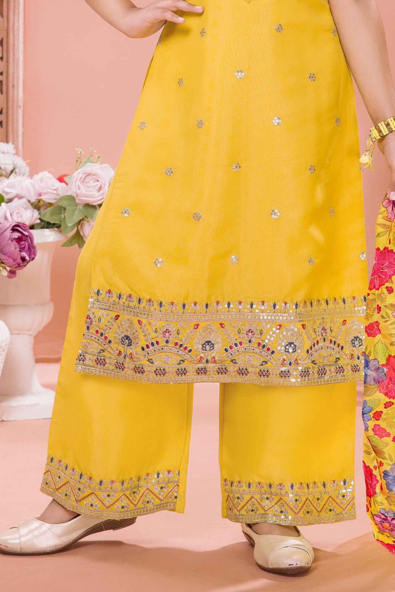 Yellow Embroidered Kurta Set with Floral Printed Dupatta For Girls