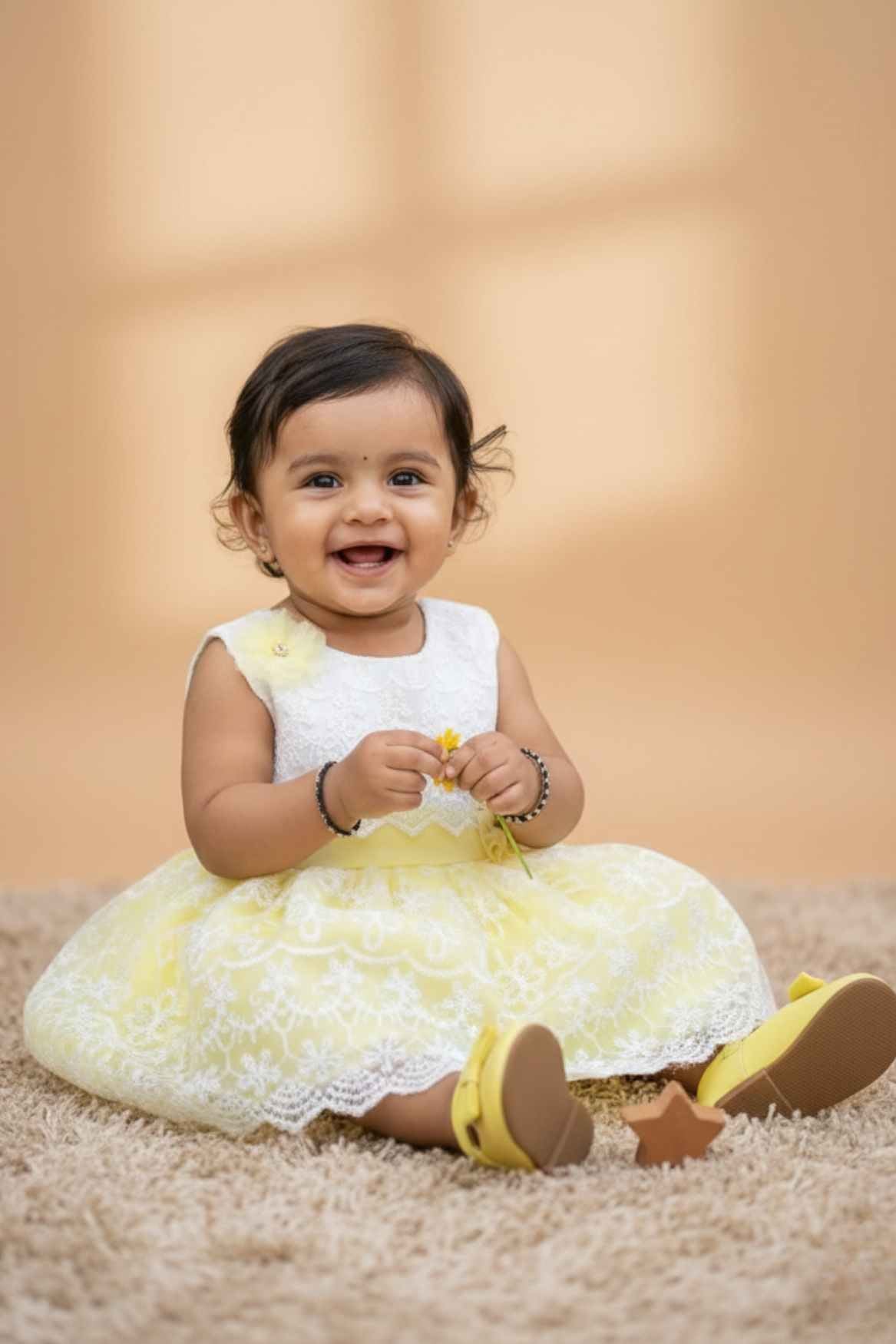 Yellow & White Embroidered Party Frock with Floral Appliqué For Girls