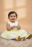Yellow & White Embroidered Party Frock with Floral Appliqué For Girls