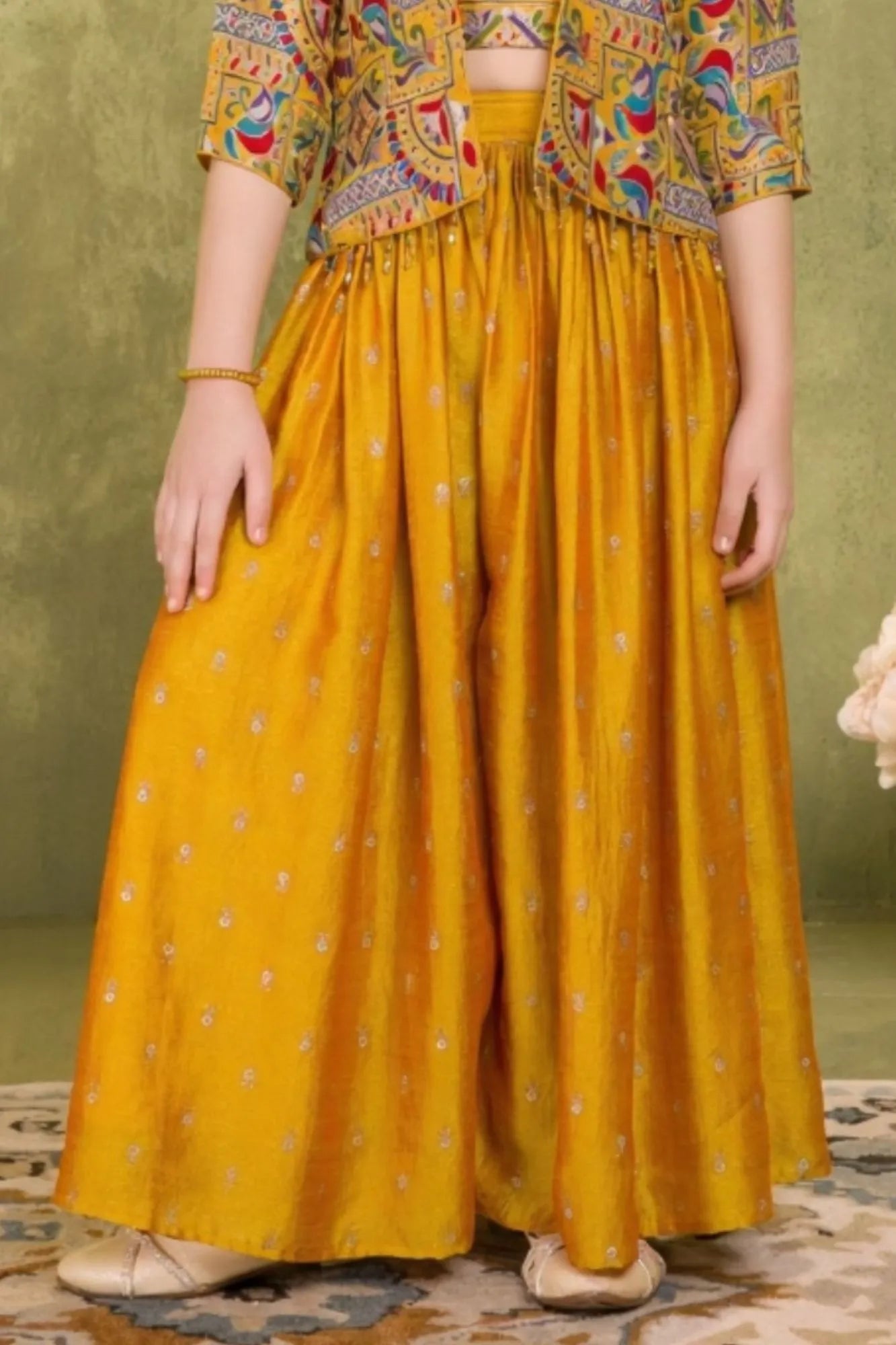 Mustard Yellow Printed Palazzo Set with Multicolor Jacket For Girls