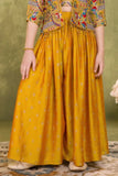 Mustard Yellow Printed Palazzo Set with Multicolor Jacket For Girls