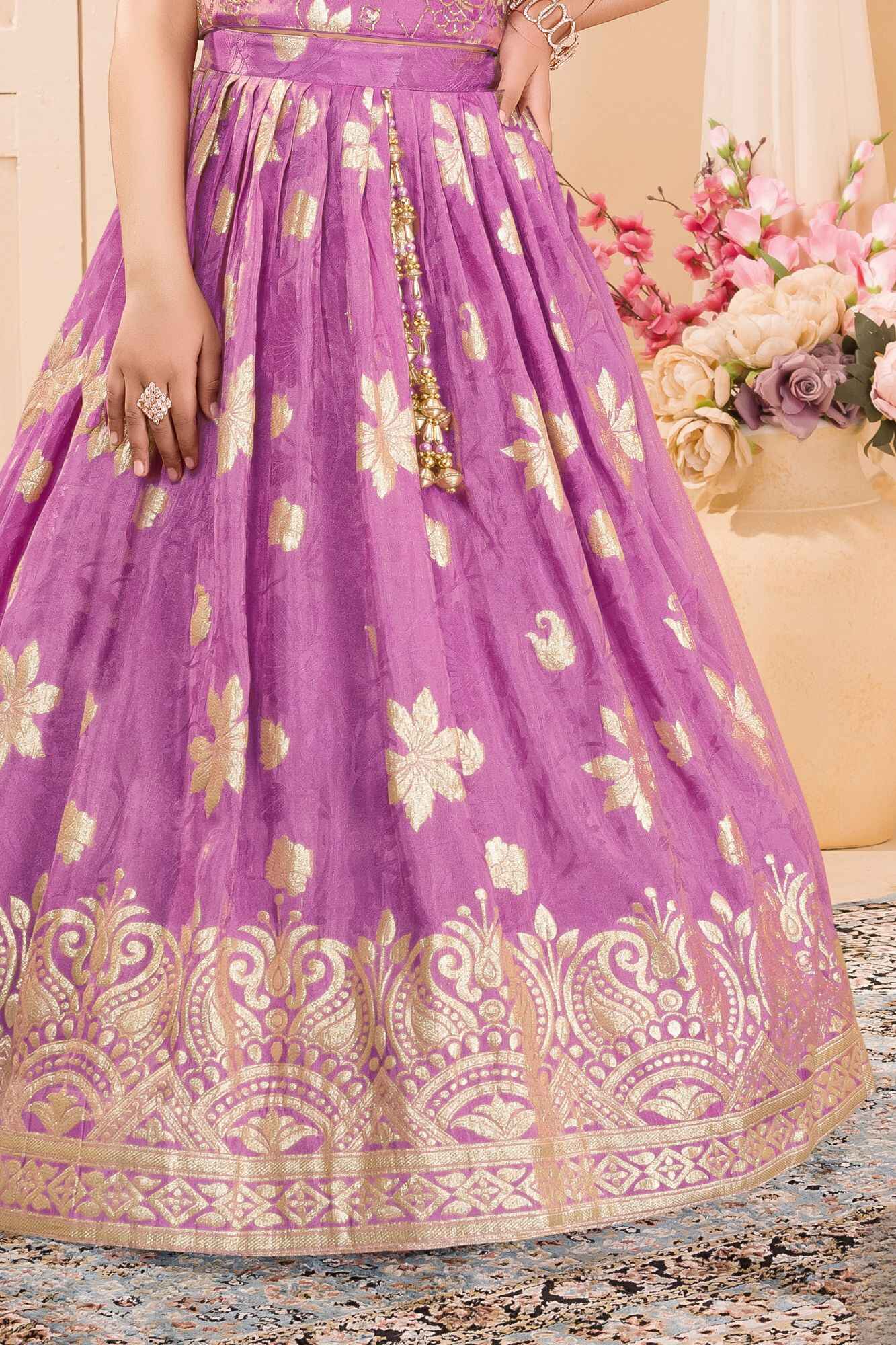 Lavender Silk Lehenga Choli with Gold Zari Motifs For Girls