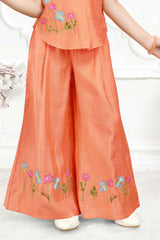 Orange Embroidered Work Palazzo Set With Sling Bag For Girls